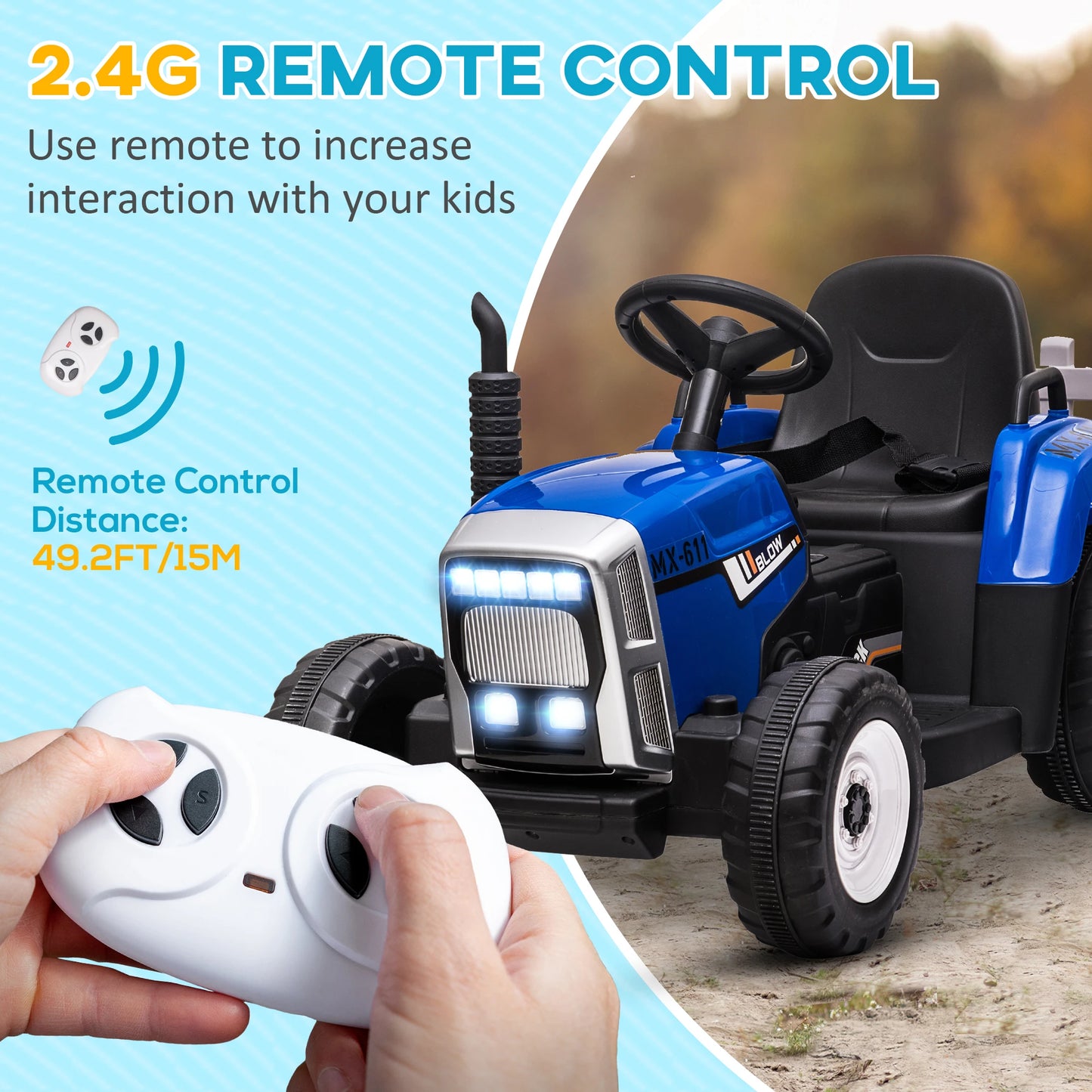 HOMCOM Ride On Tractor with Detachable Trailer, Remote Control, Music