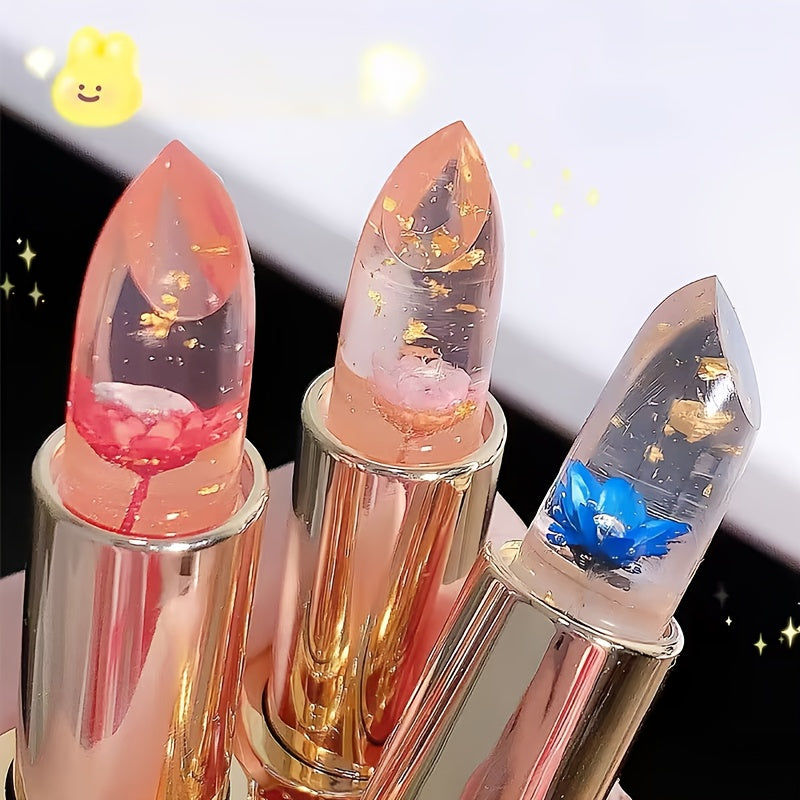 3pcs flower shaped crystal gel lipstick - warm color changing, moisturizing and non mucous membrane, 3 colors, moisturizing and non fading lip gloss