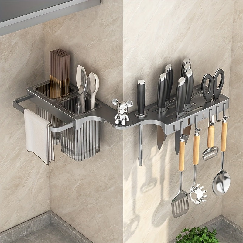 Made of Durable Plastic, Foldable Rotating Knife Rack Wall-Mounted - Space-Saving Kitchen Organizer Suitable for Modern Home or Commercial Use, Kitchen Accessories with Towel Bar and Drain Cup
