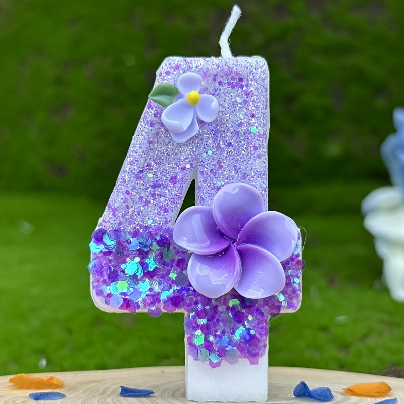 1pc Number Birthday Candle, Purple Glitter with Plumeria & Gardenia Accents, Paraffin Wax No-Feather Cake Topper for Party Decoration