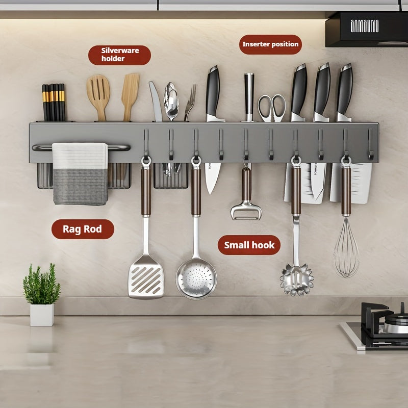 Space-Saving 1pc Multi-functional Metal and Plastic Wall-Mounted Kitchen Utensil Rack, No-Drill Cutlery Storage Shelf, Easy to Install Kitchen Organizer for Kitchen Tools and Accessories