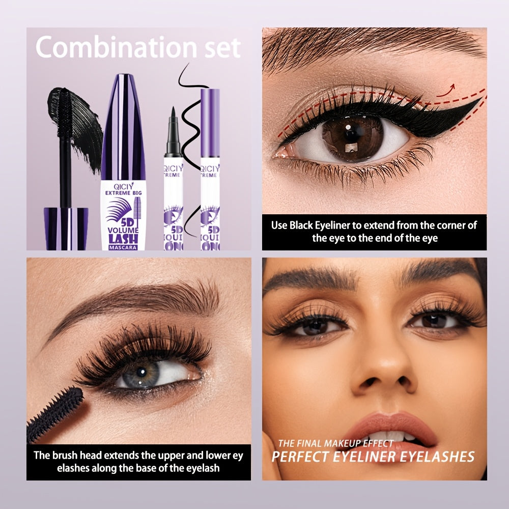QICI 5D EXTREME 2in1 Mascara + Eyeliner Set - Waterproof, Long-Lasting, Smudge-Proof, Volume & Length Enhancing, Black Liquid Eyeliner with 10ml Brush, 24-Hour Wear, 1pc/2pcs, Beauty Essentials|Bold Eye Makeup|Smudgeproof Lin