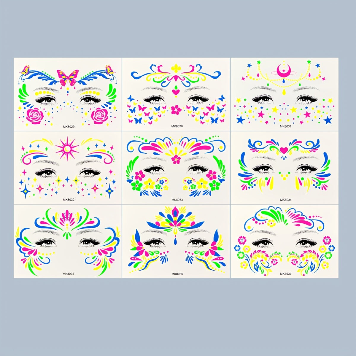 9 Sheets Neon Temporary Tattoos, Blacklight Waterproof Tattoo Stickers, Facial & Body Art Makeup for Night Parties, Music Festivals, and Events, Various Design