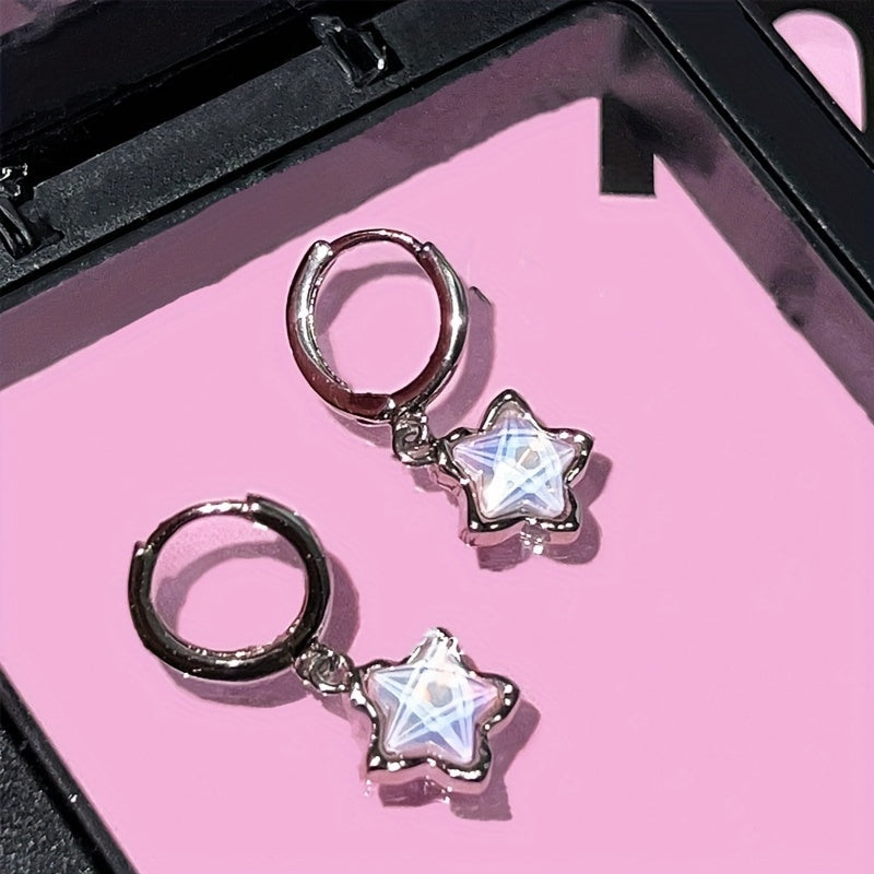 Pretty Pink Star Pendant Hoop Earrings Alloy Jewelry Synthetic Gems Inlaid Elegant Leisure Style for Women Dating Earrings, Gift for Eid, Ramadan