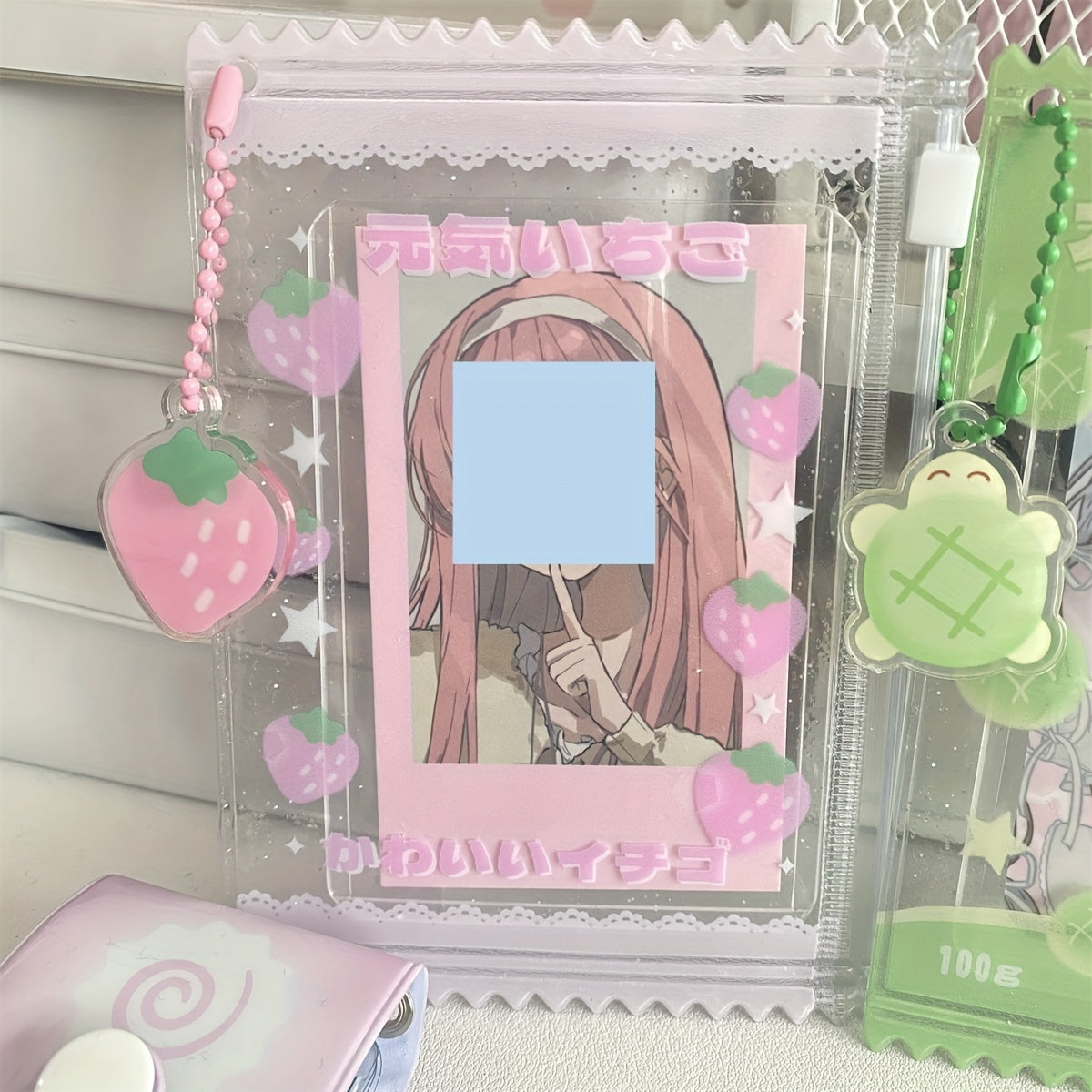Photo Card Holder - Adorable Four Leaf Clover Sweet Bag 1pc PVC Mini Pouch with Pendant And Bead Chain - Photocard Holder Keychain