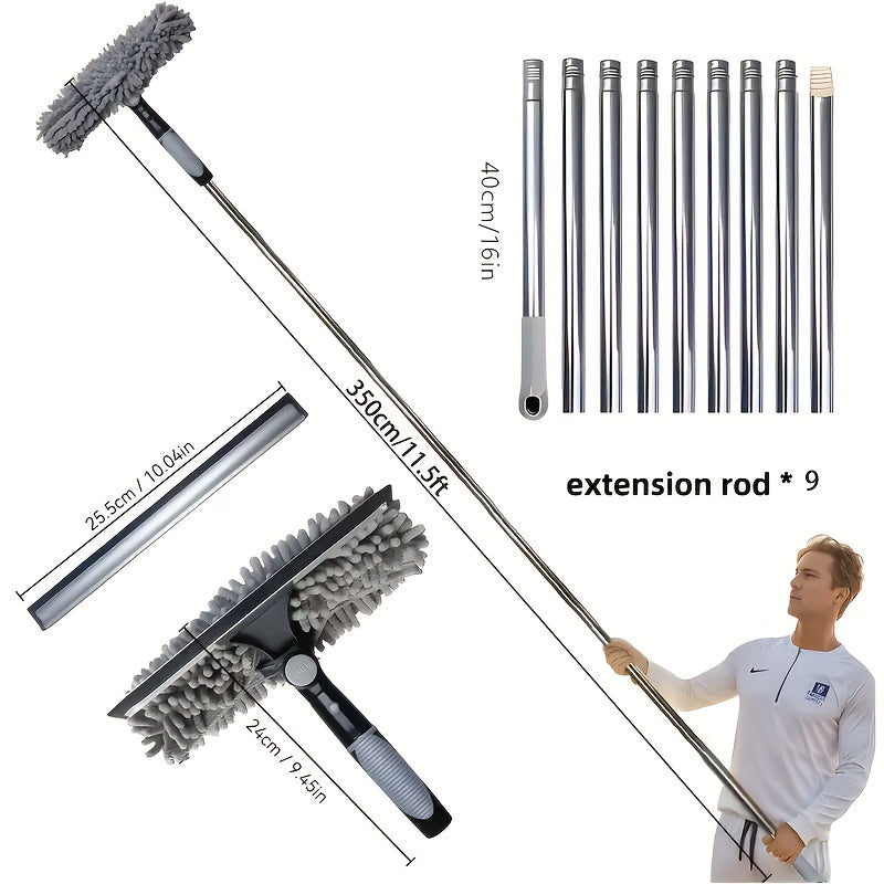 2-in-1 Window Washer & Squeegee - 180° Rotation, Up to 6.1meter Reach, Stainless Steel Handle, Resin Head with Microfiber Cleaning Cloth, Dry & Wet Use, Easy Assembly & Storage, Ideal for High-Rise Glass Cleaning, Window Cle