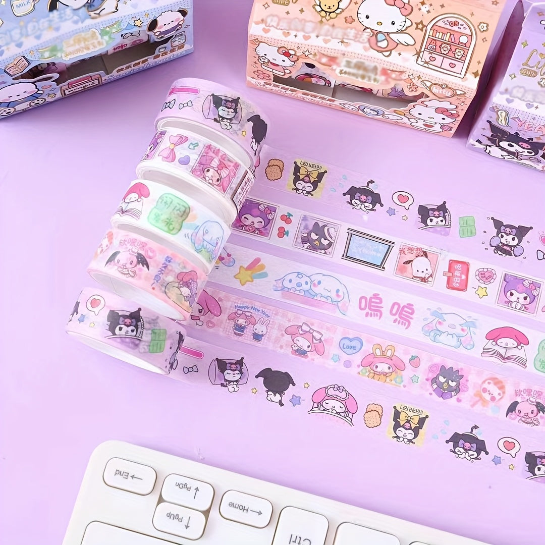 5pcs 4-in-1 Sanrio Hello Kitty Planner Washi Tape Kuromi Yugu Melody Gift Box Planner Tape Hello Kitty Planner Stickers Cartoon Stickers Gift Box Border Planner Stickers Sanrio Cartoon Handheld Stickers Tape Sanrio Random Del