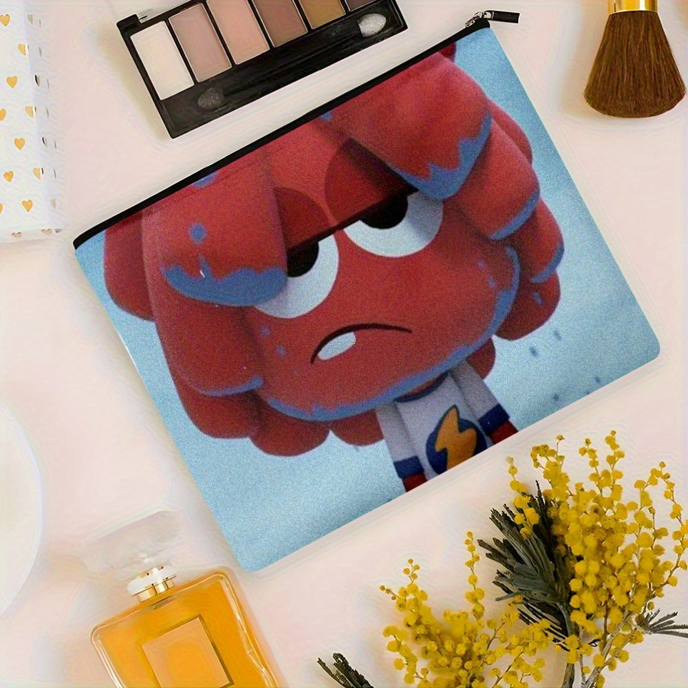 1pc Jelly Jamm Multi-functional Storage Bag - Gender-Neutral Zippered Pouch for Chargers, Accessories & Cosmetics, Durable Linen Material, 21.97 x 15.24 cm, Neon Green with Cartoon Character Design, Travel Bag|Playful Design|