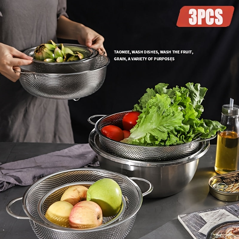 3pcs Stainless Steel Strainer Set with Handles, Large Mesh Colanders for Kitchen, Fine Strainers for Spaghetti, Vegetables, and Food Drainage, Durable Uncharged Mesh Strainers