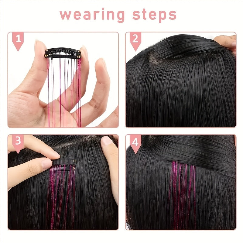 12-Pack Unisex-Adult Metallic Tinsel Hair Tinsel Extensions, No Trace Clip-In Colorful Strands, Heat Resistant Shiny Glitter Sequins for Party Cosplay Festive Role Play