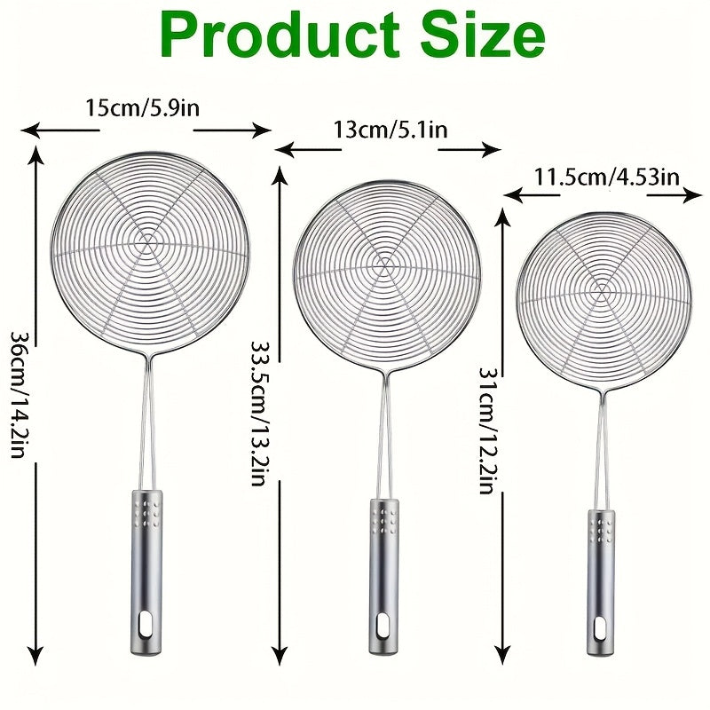 3pcs Stainless Steel Spider Strainer Set, Durable Metal Skimmers with Long Handles, Food-Safe Skimming Spoons for Frying, Pasta, with Hanging Loop, for 12.01", 12.6", 13.78" Kitchen Tools