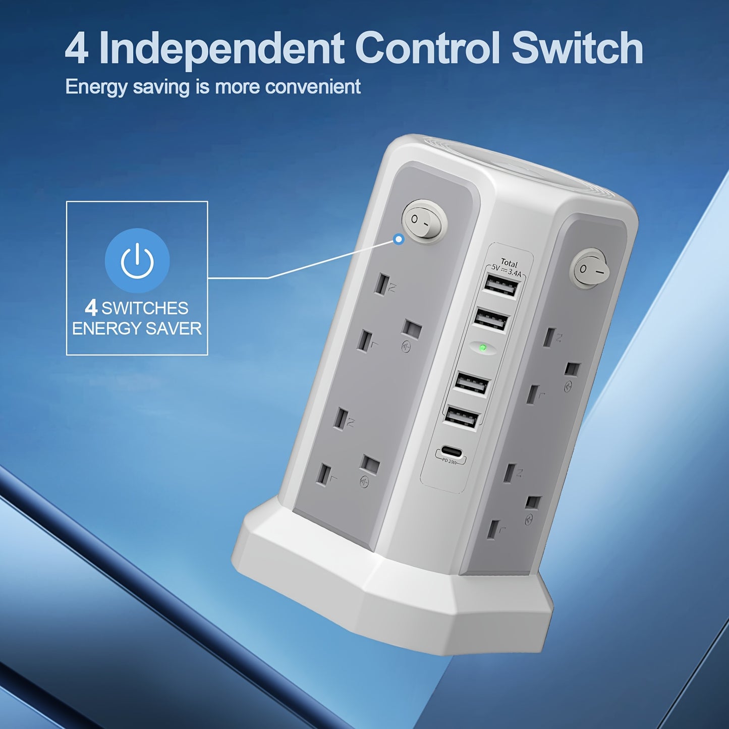 2-Story Tower Power Supply with 8 AC Sockets, 4 USB Ports, 1 USB-C PD20W Fast Charging, Individual Switch, Adjustable Night Light, Surge Protection, And for Home, Office, Studio, And Workshop Use