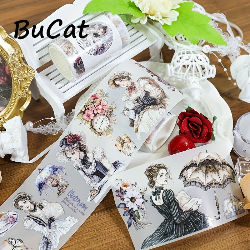 2m Princess Leisure Time PET Washi Tape - Transparent Roll Stickers with Elegant Women in Victorian Dresses, Butterflies, Flowers, and Clocks - Ideal for Scrapbooking, Journaling, and Aesthetic Stationery Decor, Journaling Su