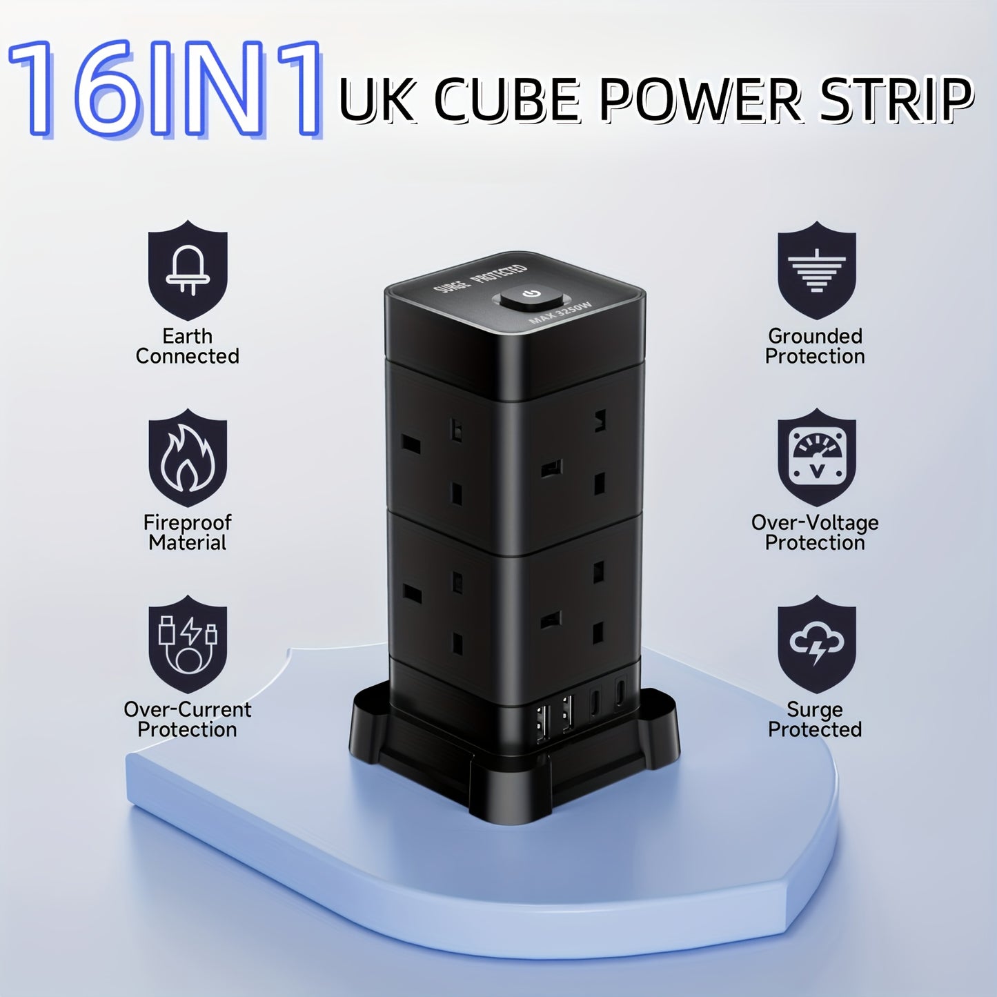 16-in-1 UK Power Strip Tower with USB