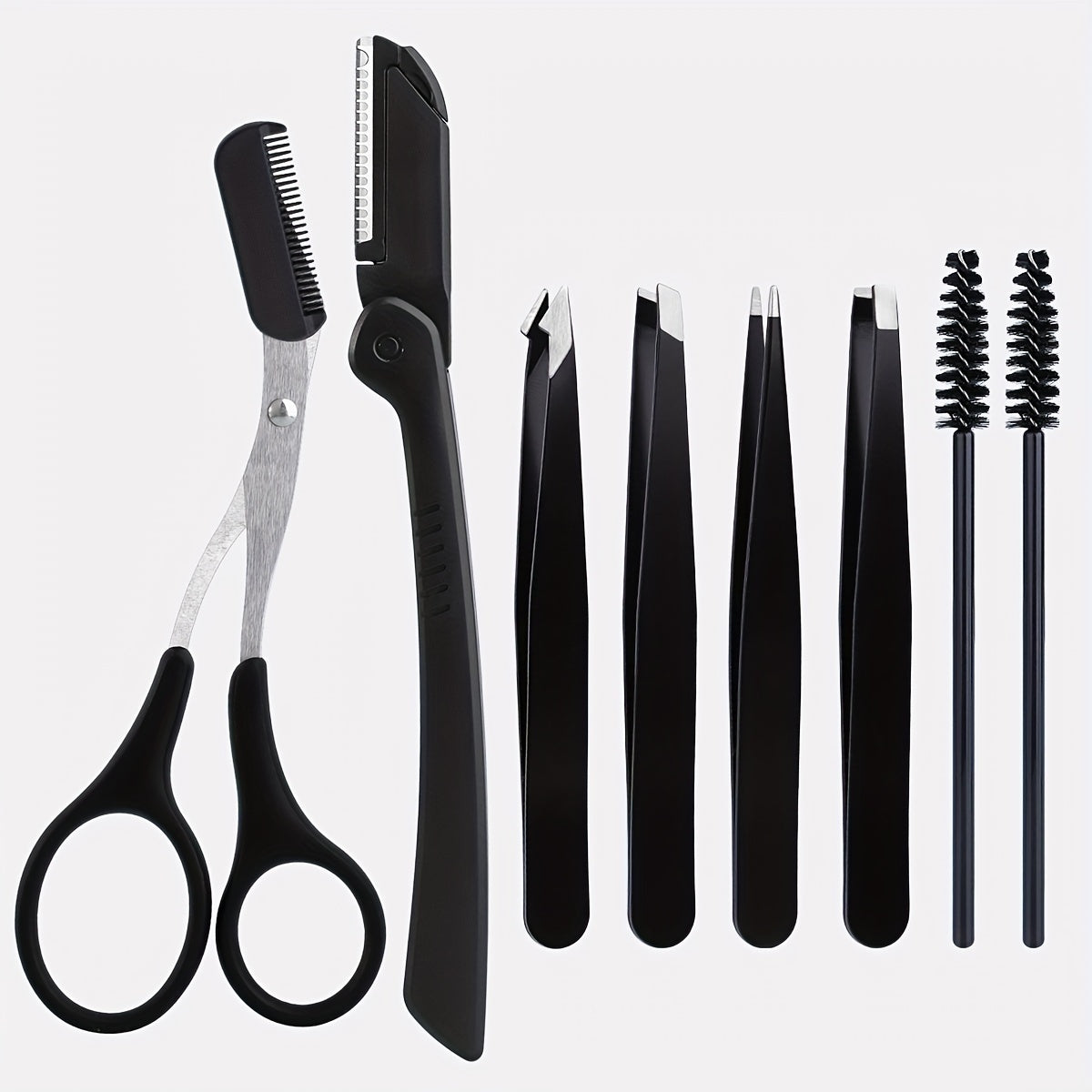 8/9/12pcs Stainless Steel Eyebrow Grooming Kit, Portable Black Set for Women and Men, Includes Eyebrow Brush, Razors, Comb, Scissors, Folding Razor, Trimmer, Tweezers with Comb, Lash Separator, No Electricity Needed