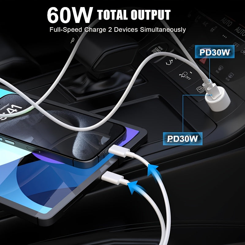 60W USB C Car Charger, USB-C Adapter Fast Charging Dual Port PD3.0 Type C Power Plug Compatible with iPhone16 15 14 13 12 11 Pro Max XR Samsung S23/22/21 Google Pixel 7 (Black/White)