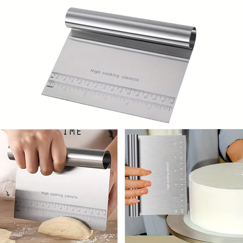 1pc Stainless Steel Multi-Functional Baking Tool - Dough Cutter, Cake Scraper, Pizza Cutter, Spatula, Pancake Flipper with Measurements - Durable, Easy to Clean, and Versatile for Various Baking Tasks