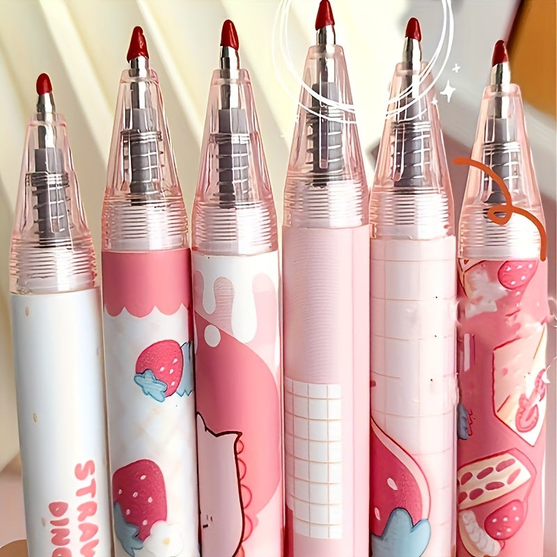 6-Pack Strawberry & Cream Patterned Ballpoint Pens, 0.5mm Fine Tip, Quick-Dry Black Ink | Playful Design with Adorable Strawberry Characters, Smooth Writing for Stationery & Gift Packaging (Random Colors), Strawberry Themed I