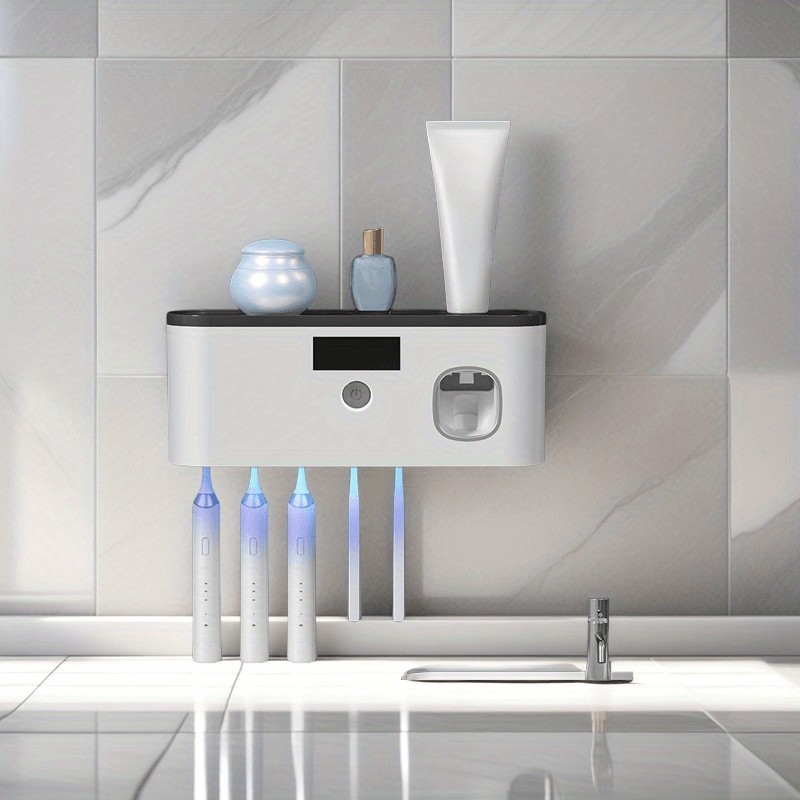 Sleek Modern UV Sanitizing Toothbrush Holder, Wall-Mounted Bathroom Organizer, No-Drill Installation, USB Rechargeable Lithium Battery, Plastic Material, with Built-in Light for Effective Cleanin