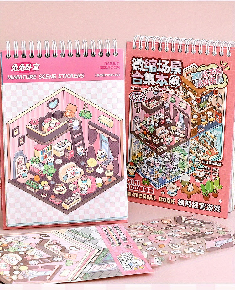 20pcs Scene Cardstock + 25pcs Stickers + 1 Tweezer Micro Scene Combination Book Set, 3D Scene Stickers for DIY Miniature Houses