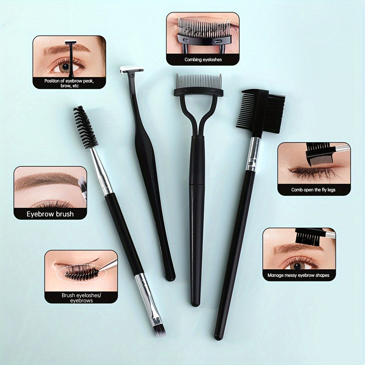 8/9/12pcs Stainless Steel Eyebrow Grooming Kit, Portable Black Set for Women and Men, Includes Eyebrow Brush, Razors, Comb, Scissors, Folding Razor, Trimmer, Tweezers with Comb, Lash Separator, No Electricity Needed