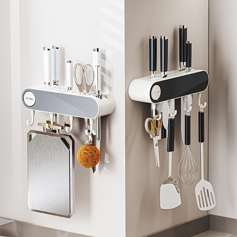 Multifunctional Wall Hanging Knife Holder, Can Hold Multiple Knives, with Integrated Sharpening Stone, Equipped with 4 Hooks, Suitable for Spatulas, Funnel, Kitchen Tools
