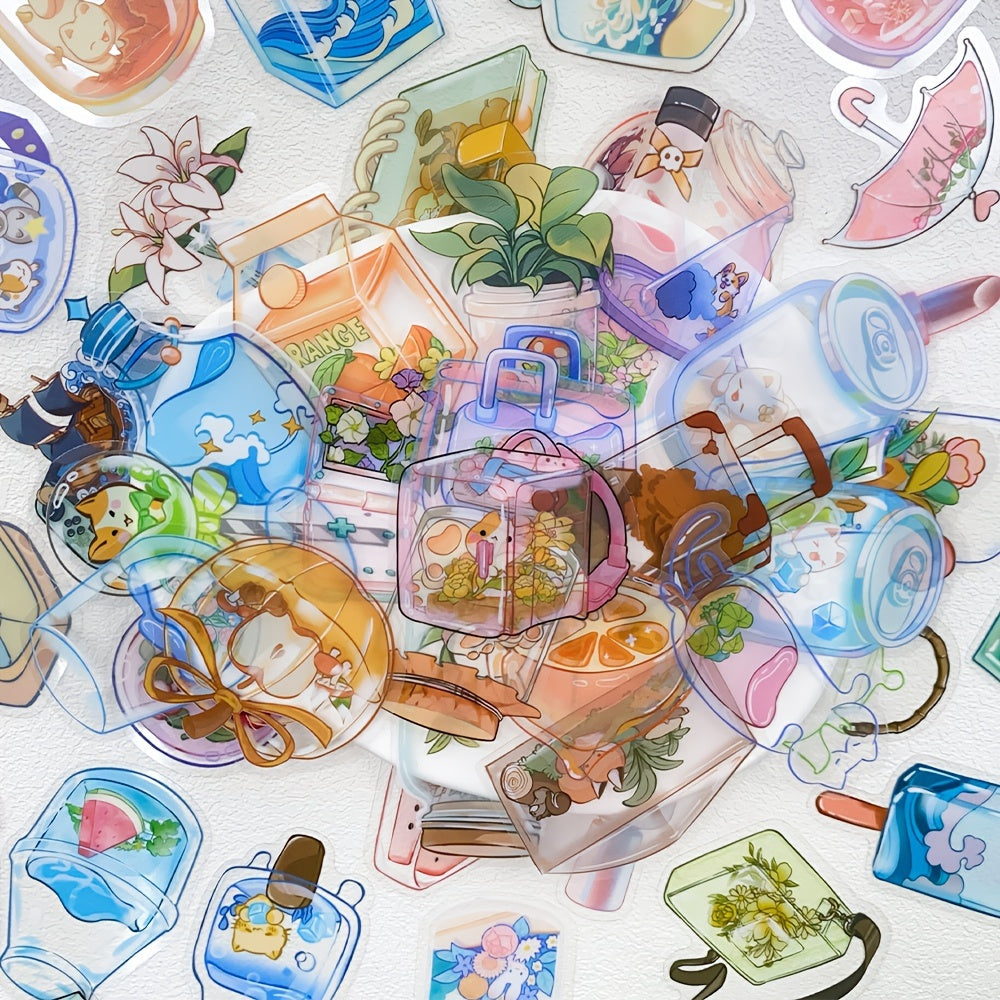 50pcs Transparent Objects Stickers Decals for Laptop Luggage Skateboard Helmet Guitar Cartoon PET Aesthetic Stickers Students Toys Gifts