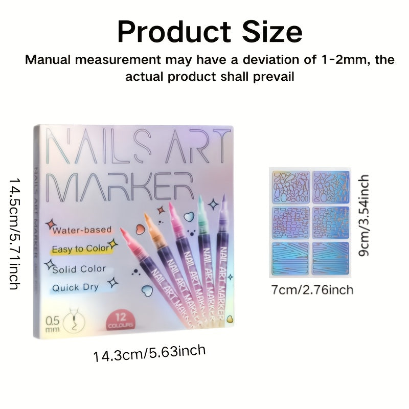 12 Colors 0.5mm 3D Nail Polish Pen + 24 Reusable Stencil Stickers Set Nail Art Pen Set.