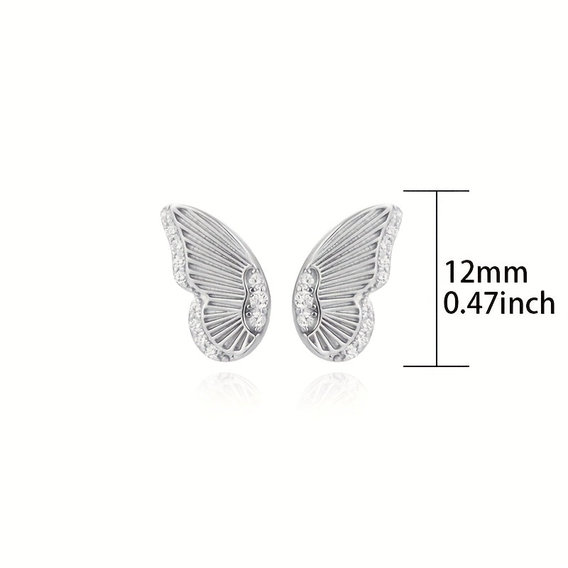 1 Pair Elegant Butterfly Wing Stud Earrings, 925 Sterling Silver, Synthetic Zirconia, Coquette Style, Animal Theme, Lightweight 2.17G, Perfect for Daily Wear, Parties, And Gifting