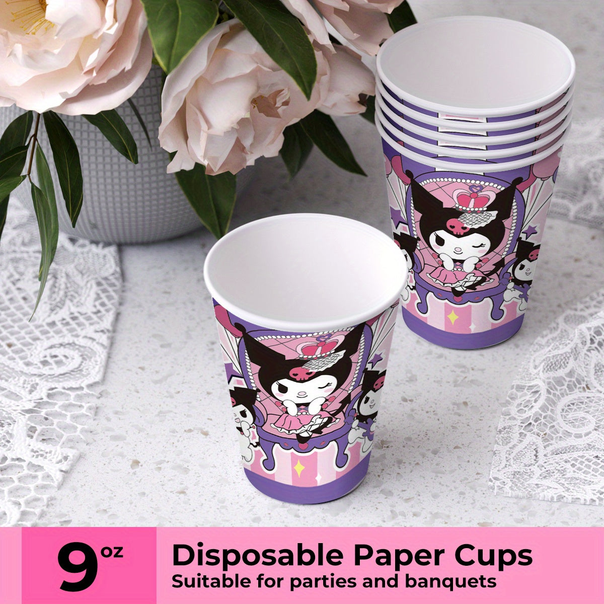 100pcs Kuromi Disposables Cutlery Sets Includes 20 Dinner Plates 20 Dessert Plates 20 Cups & 40 Paper Napkins, Disposable Party Dinnerware Set for Camping, Picnics, Yard BBQ, Party Supplies Set for Wedding Birthday Party