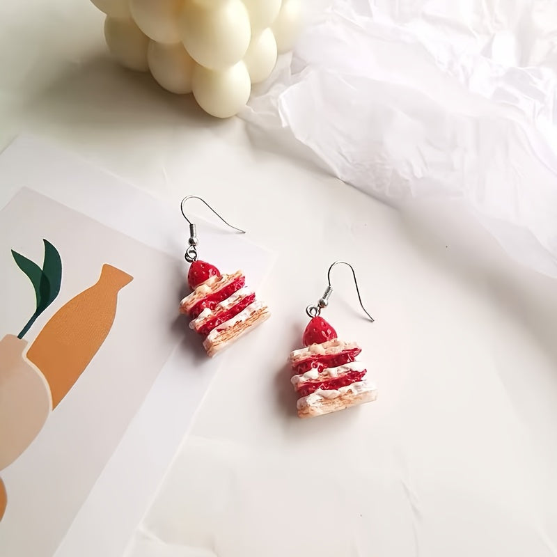 Adorable Strawberry Cake Slice Dangle Earrings - Quirky Cartoon Design, Alloy & Resin, Perfect for Daily Wear, Cute and Simple Style for Students and Fun Food Enthusiasts, Strawberry Themed Items