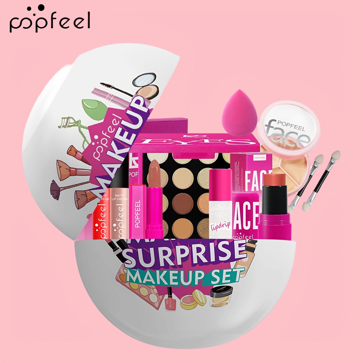 POPFEEL 10pcs Makeup Set, includes blush, eyeshadow, lip gloss, concealer, and more.