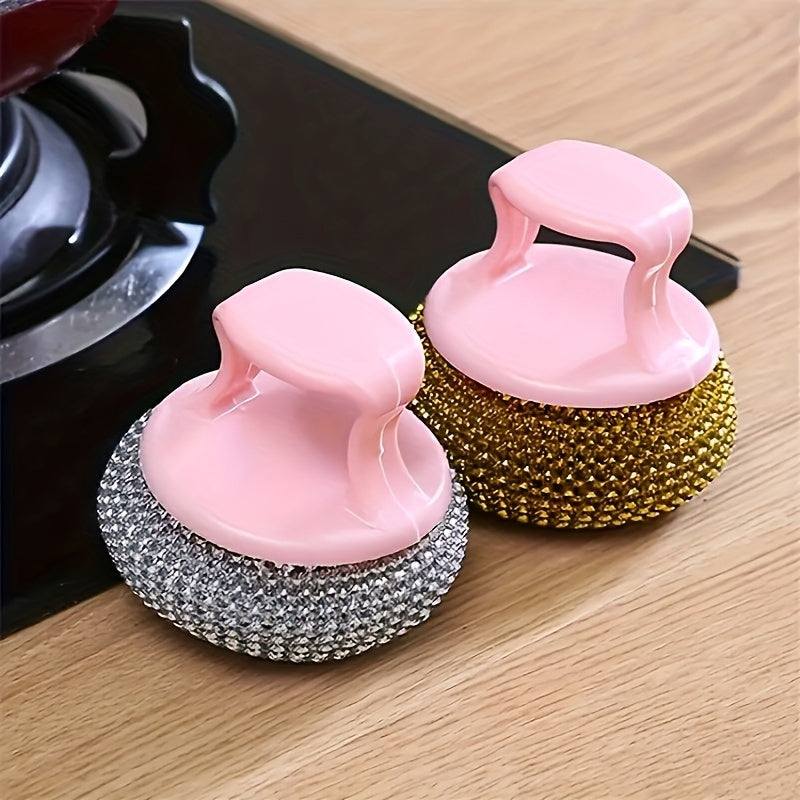 2pcs/Stainless Steel Sponge Handle Scrub Bru Nsh Kitchen Cleaning Tool, On-Scratch Nano Wire Detachable Stain Removal Ball for Home Use, No Residue Multi-Purpose Cleaning Brushp