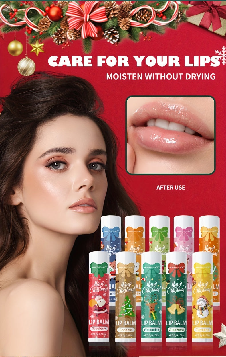 Gift Set 10pcs/Box Deep Hydration Long-Lasting Moisturizing Lip Balm Set Smooth Lips Christmas Theme Gift.