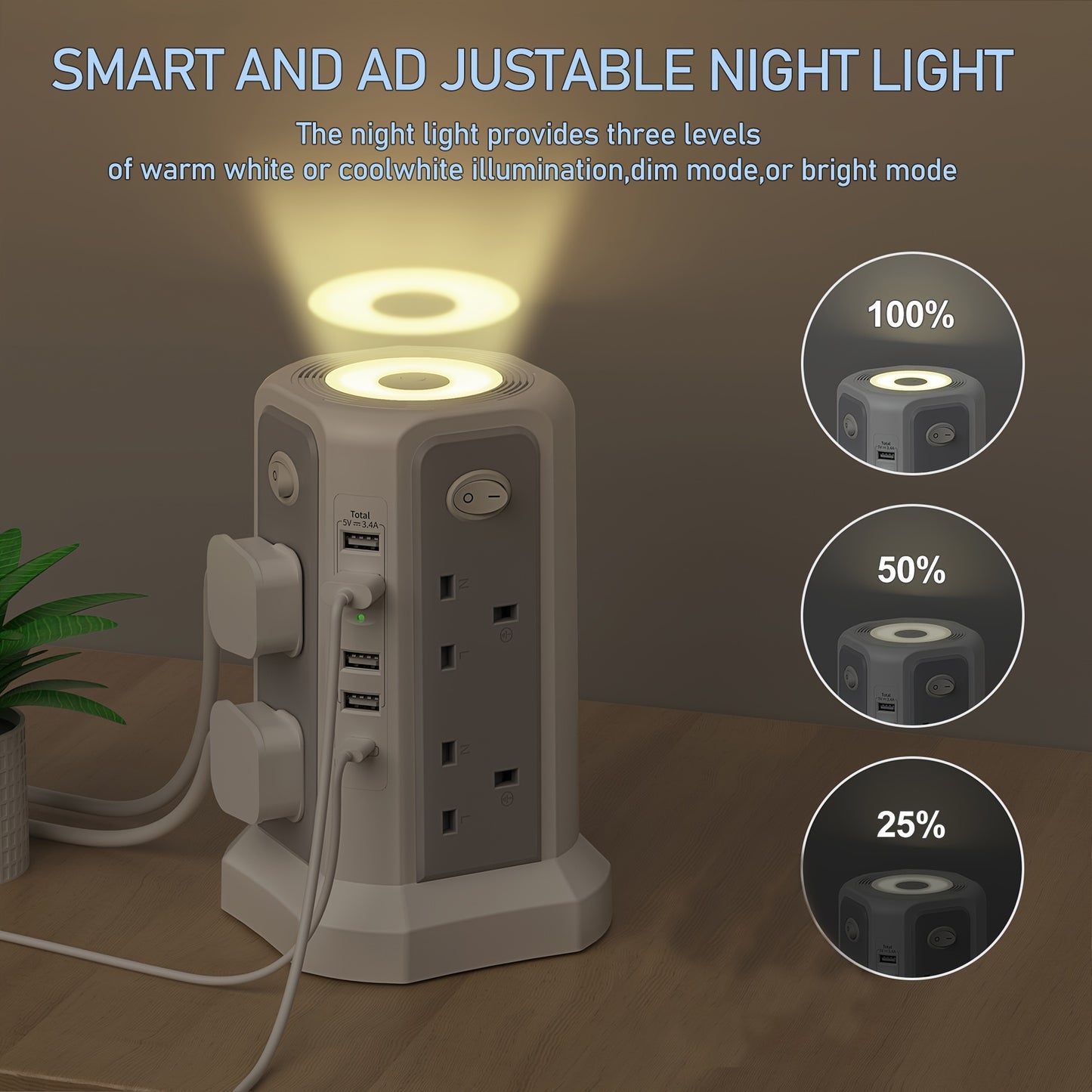 2-Story Tower Power Supply with 8 AC Sockets, 4 USB Ports, 1 USB-C PD20W Fast Charging, Individual Switch, Adjustable Night Light, Surge Protection, And for Home, Office, Studio, And Workshop Use