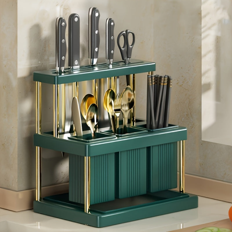 1pc Multi-Functional Kitchen Utensil Organizer - Space-Saving Plastic Storage Rack for Knives, Forks, Spoons, and Chopsticks with Green and White Compartments, Ideal for Countertop Organization, Cooking Utensils