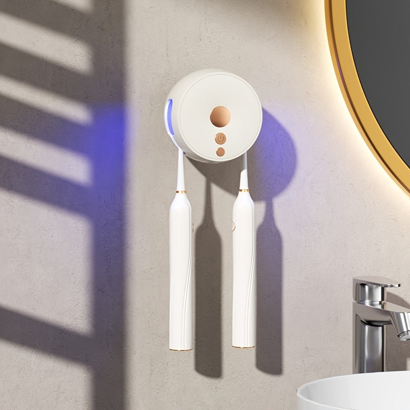 UV Sanitizing Toothbrush Holder, Wall-Mounted, 400mAh Battery, Dual-Slot, USB Charging, Compact & Portable for Travel and Home Use, ABS Material, USB Connectivity