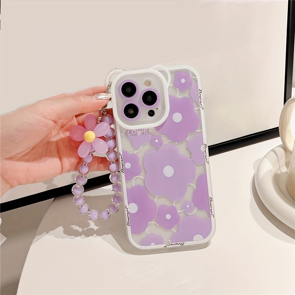 Cute Luxury Cute Luxury Transparent Phone Case Soft Egg Flower Cover with Flower Chain Lanyard | for iPhone 11 14 Pro Max 12 Pro 13 11 Pro Max 7 8 Plus Clear Purple Bear Ear