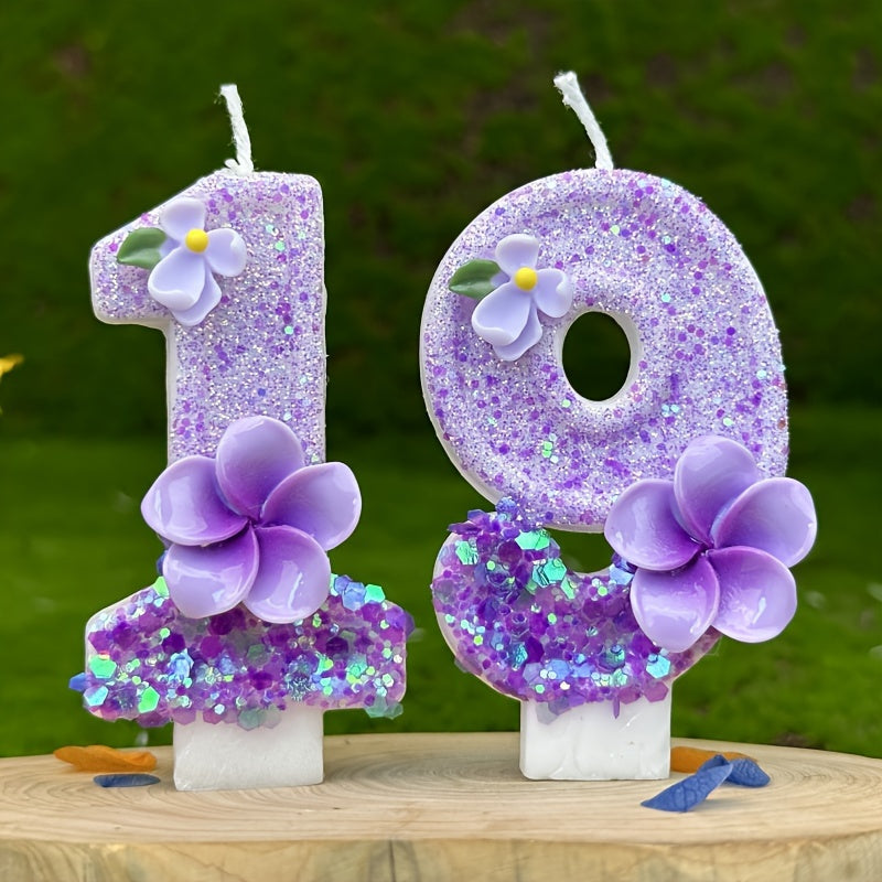 1pc Number Birthday Candle, Purple Glitter with Plumeria & Gardenia Accents, Paraffin Wax No-Feather Cake Topper for Party Decoration
