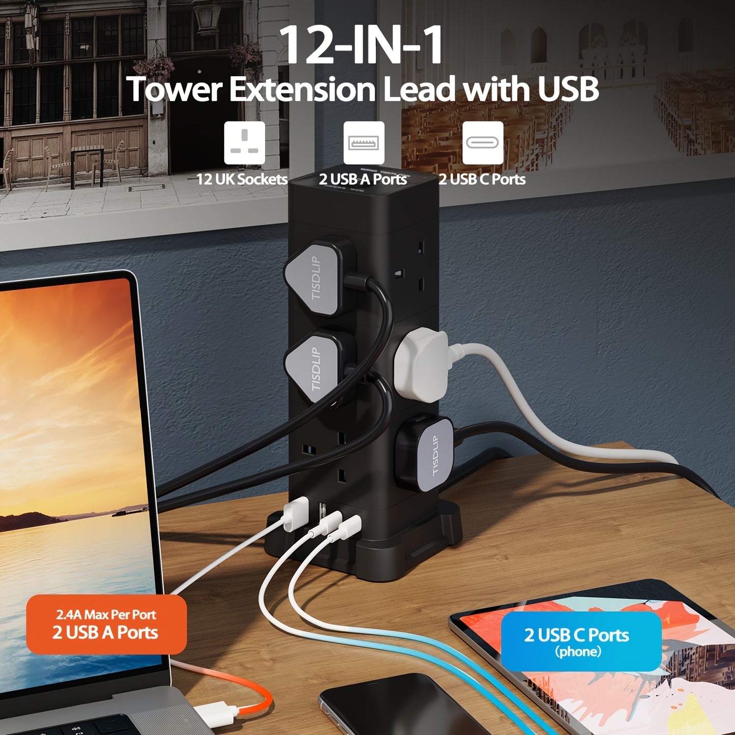 16-in-1 UK Power Strip Tower with USB