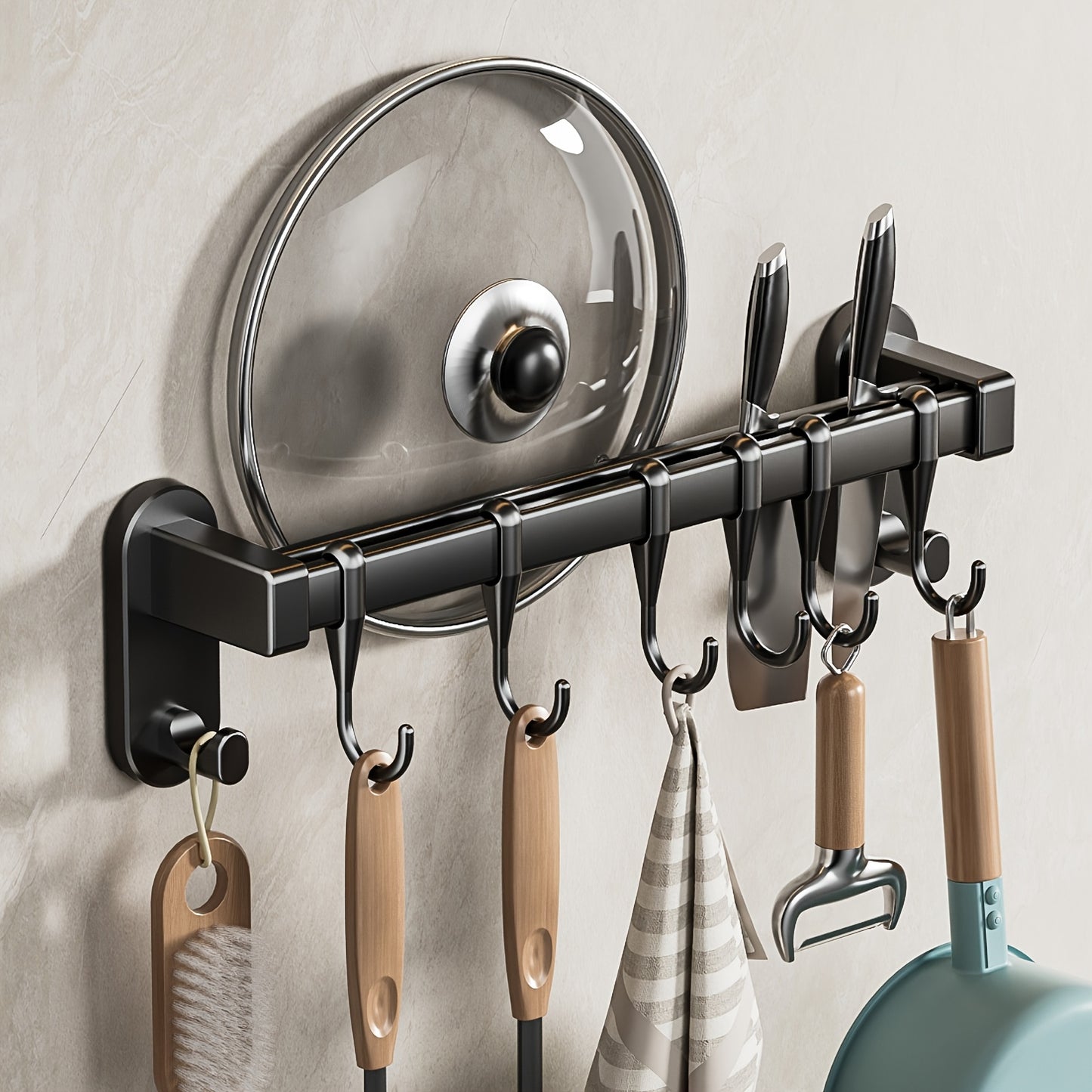Plastic Kitchen Utensil Storage Rack with 6/8/10 Active Hooks - Wall-mounted Storage Rack for Tableware, Knives, and Pot Lids, with Drainage Hooks, Easy to Install, Suitable for Hanging Storage of Cooking Tools and Towel Rack