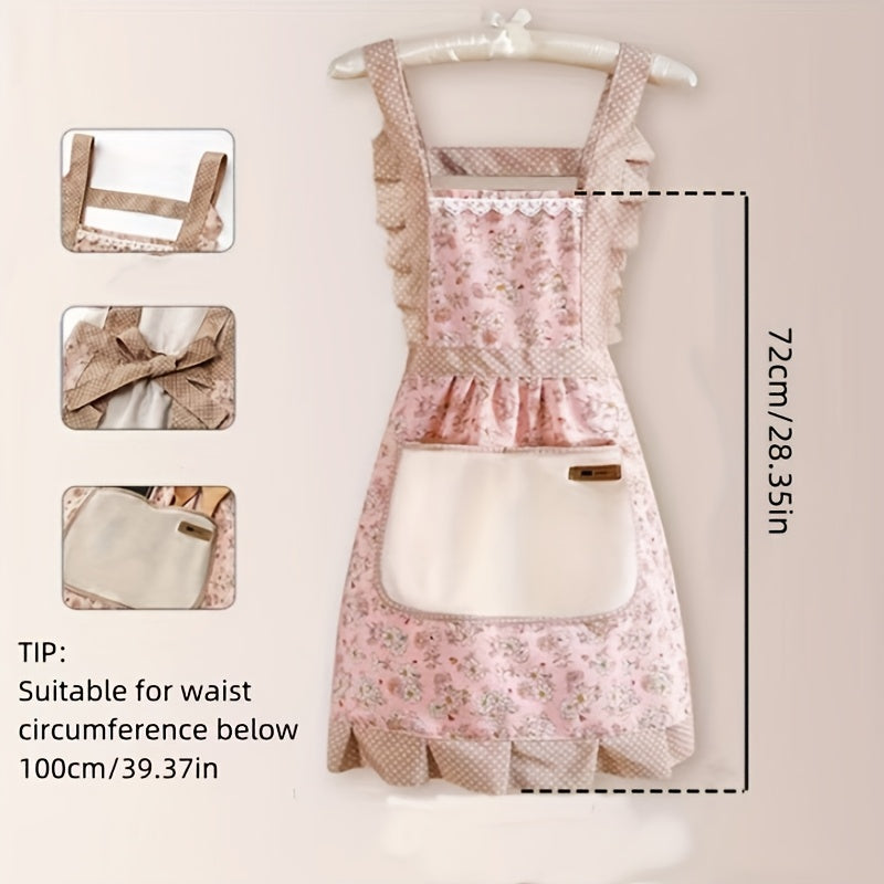 1pc Apron, Floral Print Princess Apron, for Lotus Leaf Lace Decoration, Garden Gardening Workwear Apron, Women's Apron, Kitchen Apron