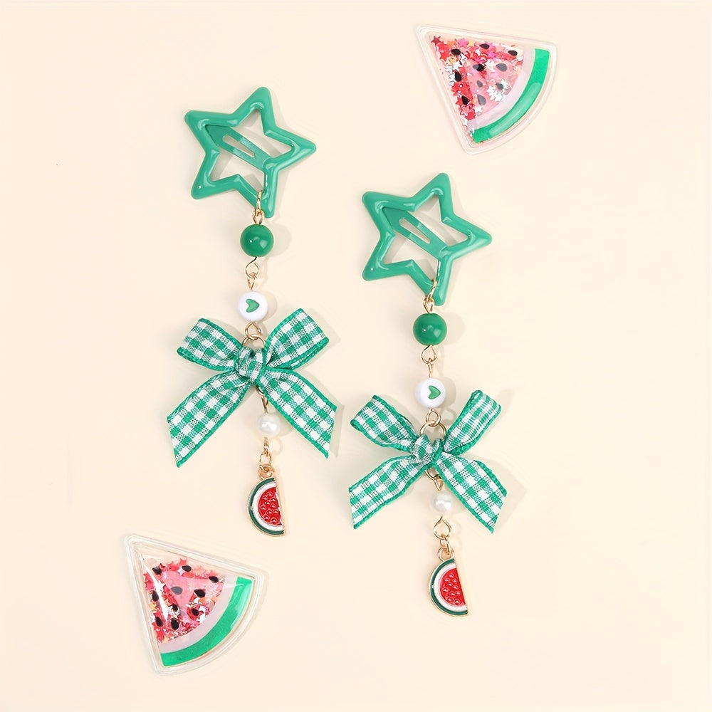 2pcs Kawaii Star Shaped Snap Hair Clips | Polyester Material, Long Tails, Tartan Bow, Cute Strawberry Decor, Fruit Themed Hair Bow Accessories for Teens, Casual Daily Wear, Novelty Hair Accessories, Playfu