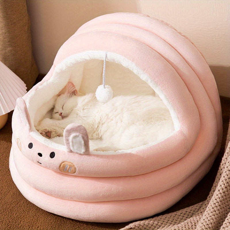 Cozy Gray & White Cat Cave Bed - Semi-Enclosed, Removable & Washable Polyester Pet Nest with Plush Interior and Hanging Ball Toy for Ultimate Comfort
