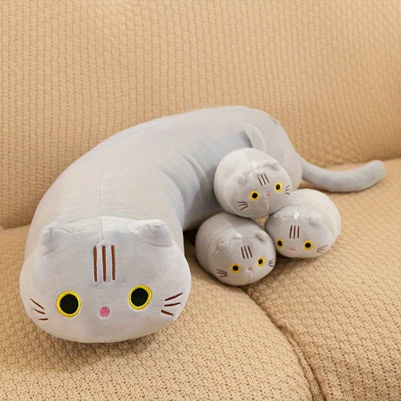 Soft 4pcs Cat Family Plush Toy Set - Cozy Polyester Pillows in Bright Pink, Gray, Black Colors - Stuffed Animal Dolls for Youngsters