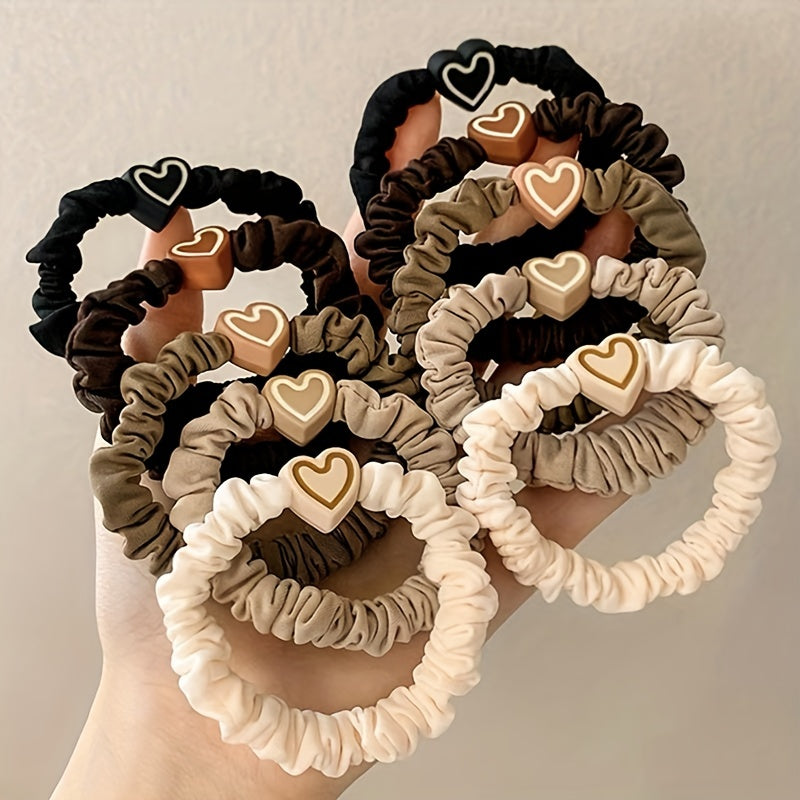 10pcs Cute Coffee Color Love Pendent Hair Rope | Elastic Rubber Hair Bands Hair Ties Bowknot Hair Accessories for Women