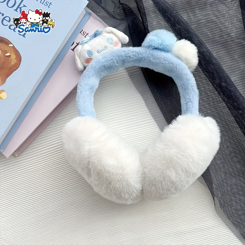 Sanrio Women's Plush Earmuffs - Soft Winter Ear Warmers with Kuromi, Yugui Dog, Vanilla Roll Designs - Pastel Purple/Black/, Lightweight Portable Folding for Commuting, Travel, Everyday - Sanrio Collectible Gift, Outdoor Wear
