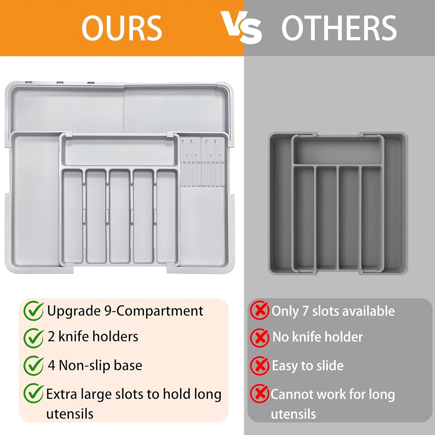 THELiFE Kitchen Cutlery Drawer Organizer, Expandable Cutlery Drawer Organizer with 2 Knife Holders, Cutlery Holder, Adjustable Plastic Spoon Fork Knife Organizer, Large, Gray