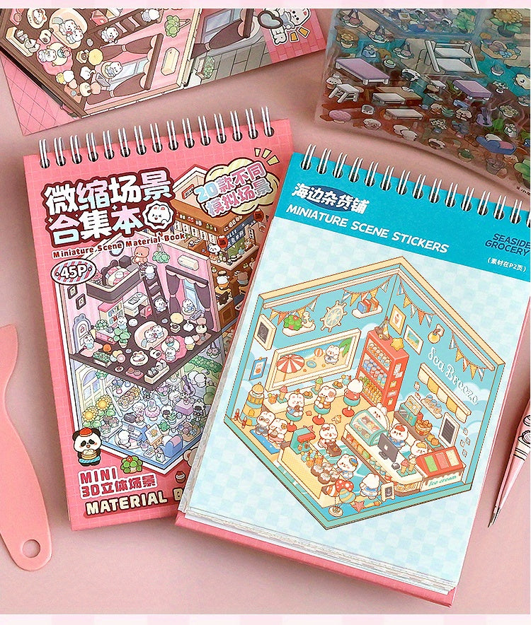 20pcs Scene Cardstock + 25pcs Stickers + 1 Tweezer Micro Scene Combination Book Set, 3D Scene Stickers for DIY Miniature Houses