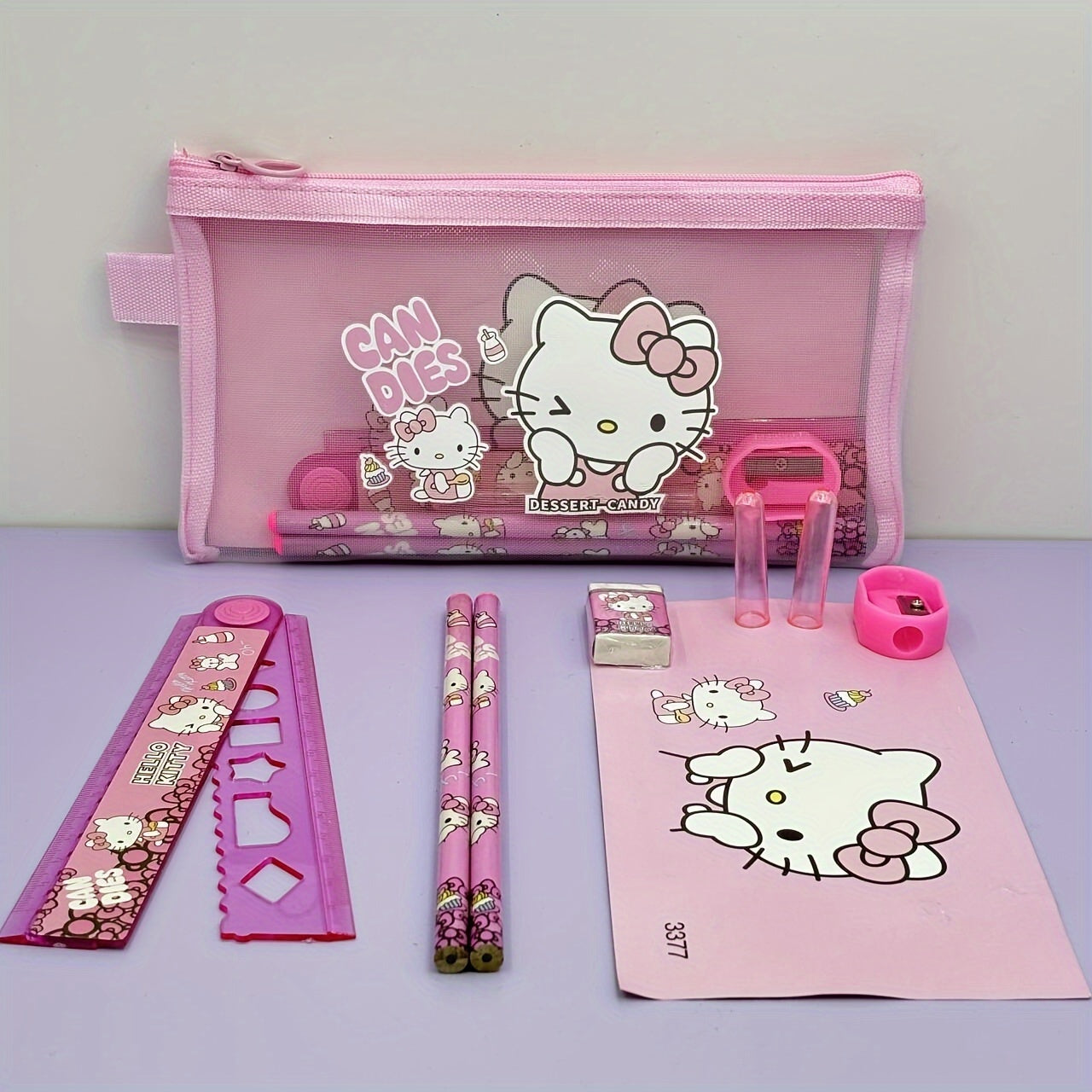 8pcs Sanrio Nylon Mesh Stationery Set with Pencil Cas
